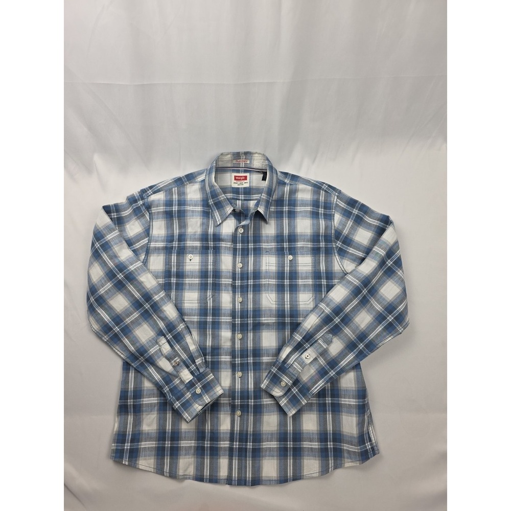 Wrangler Men's XL Cotton Long Sleeve‎ Blue White Plaid Button Down Shirt